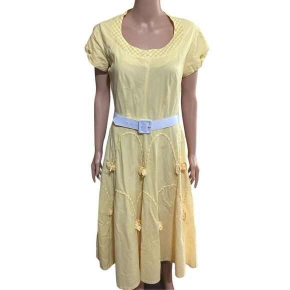 Vintage Yellow Gingham Fit & Flare Dress L - Picture 2 of 10